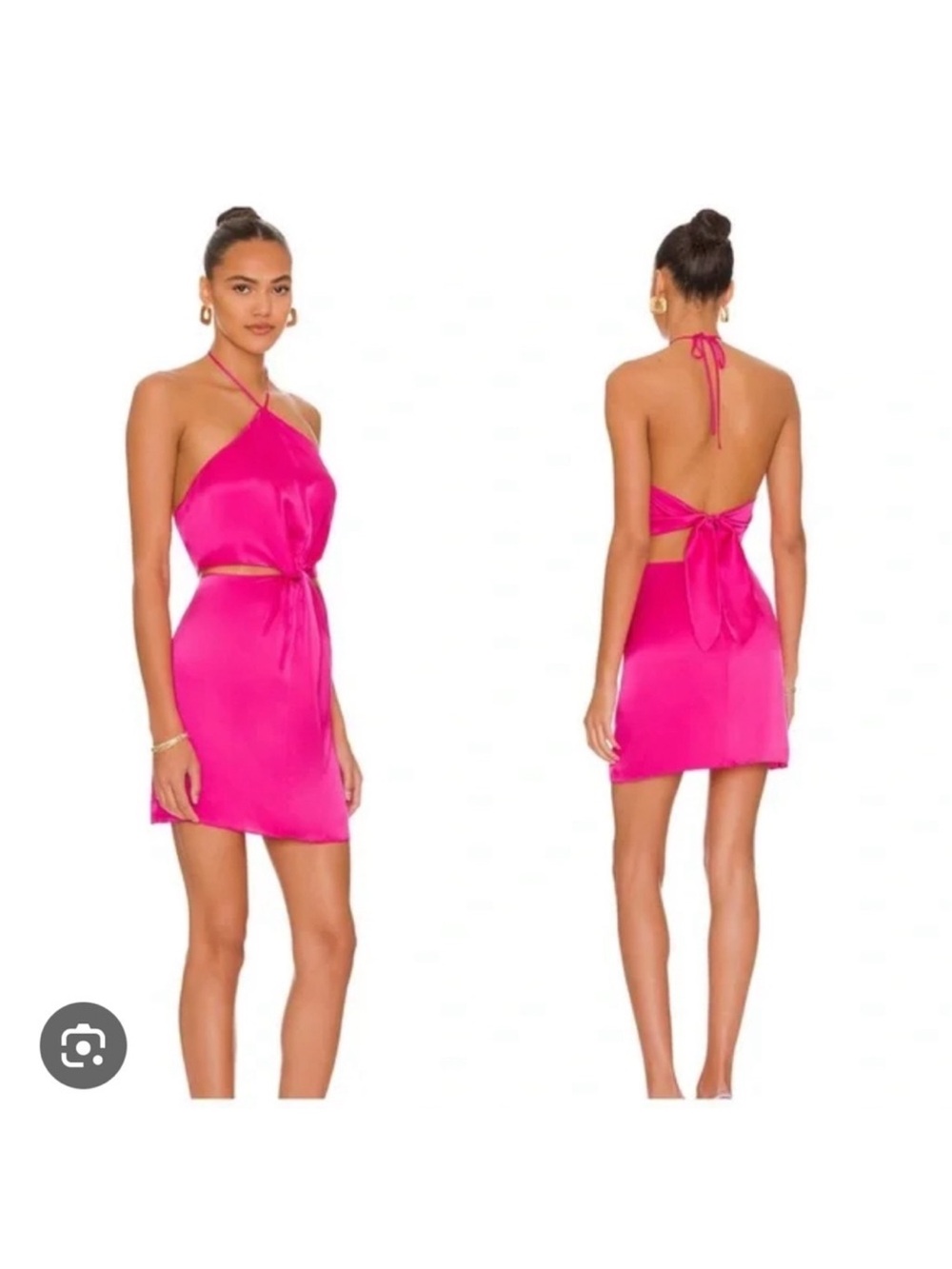 Amanda Uprichard 100% Silk Hot Pink Halter Satin Mini Dress with Back Tie